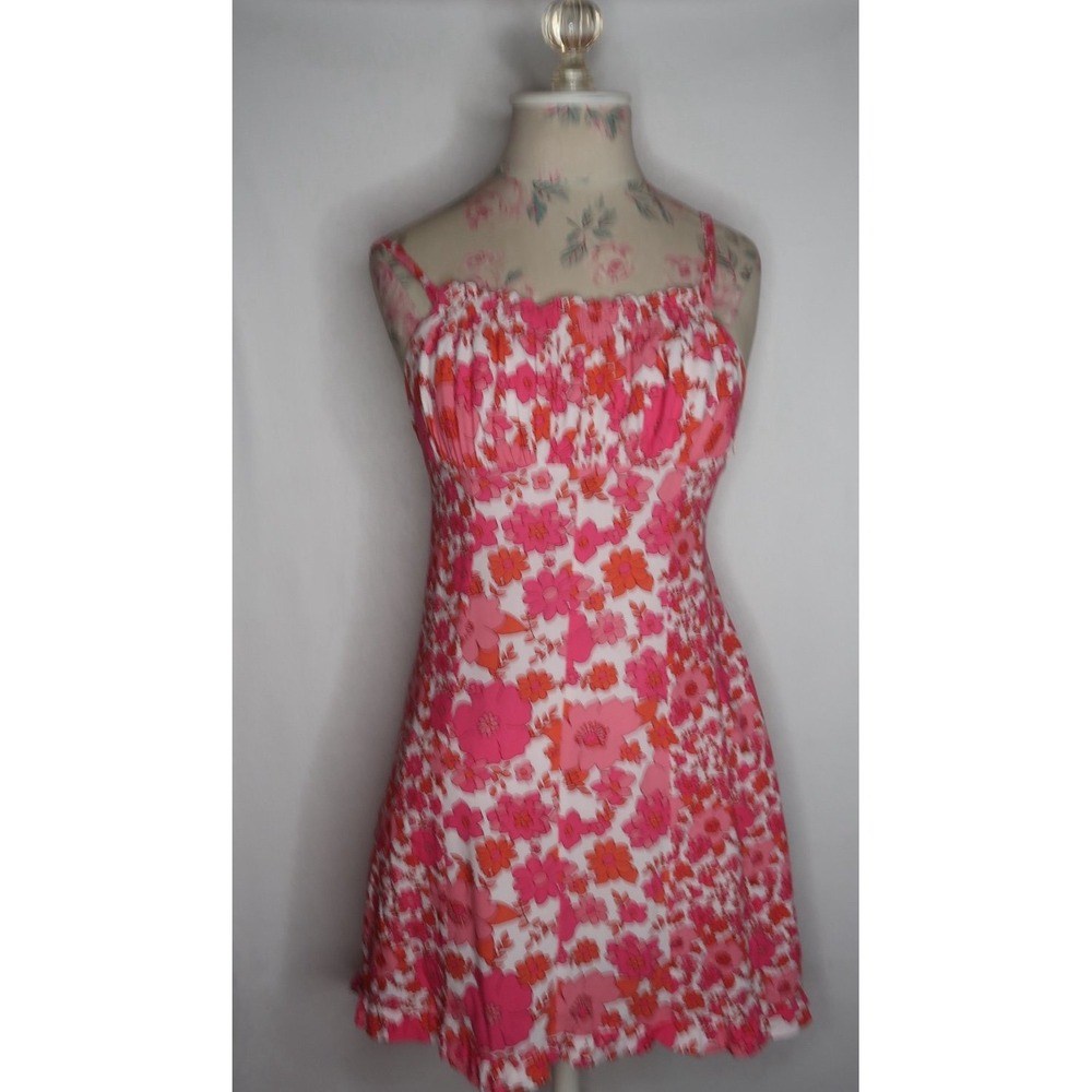 Free People OB1310258 Womens XS Pink Floral Mini Dress Strappy Tie Back Boho EUC